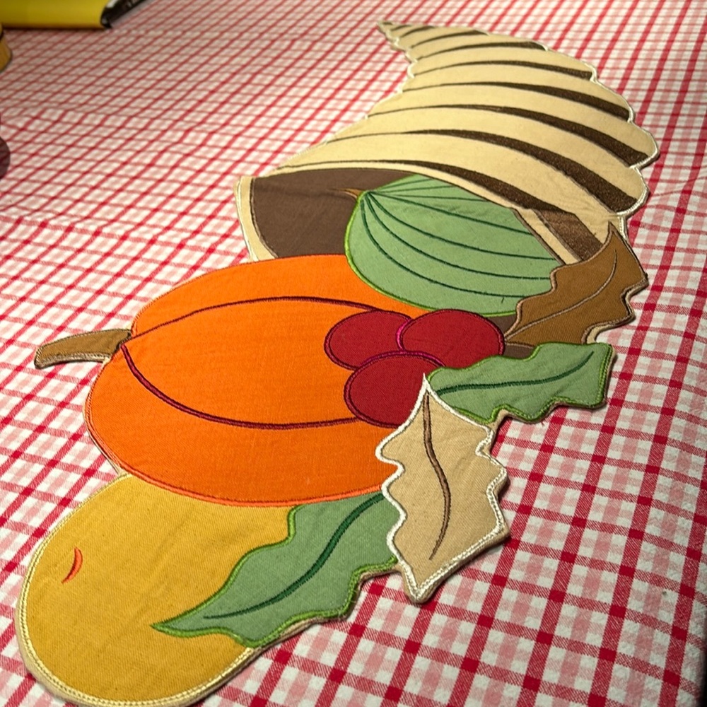 Thanksgiving cornucopia table runner 30 inches long and 14 inches wide